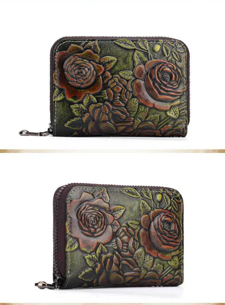 Womens Brown Leather Small Zip Around Wallet Rose Billfold Wristlet Wallet Floral Ladies Zipper Small Card Wallet for Women