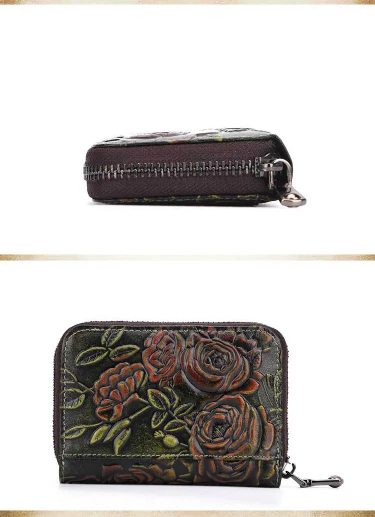 Womens Brown Leather Small Zip Around Wallet Rose Billfold Wristlet Wallet Floral Ladies Zipper Small Card Wallet for Women