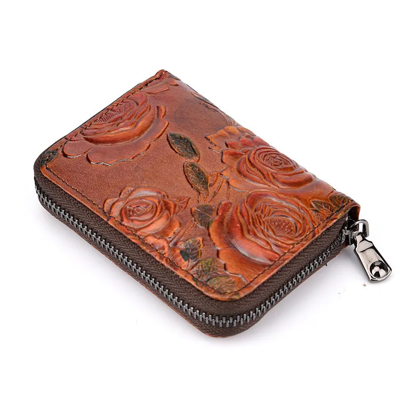Womens Brown Leather Small Zip Around Wallet Rose Billfold Wristlet Wallet Floral Ladies Zipper Small Card Wallet for Women