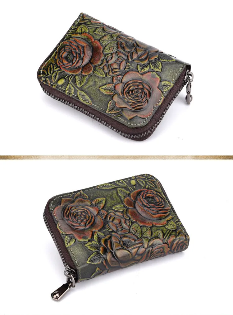 Womens Brown Leather Small Zip Around Wallet Rose Billfold Wristlet Wallet Floral Ladies Zipper Small Card Wallet for Women