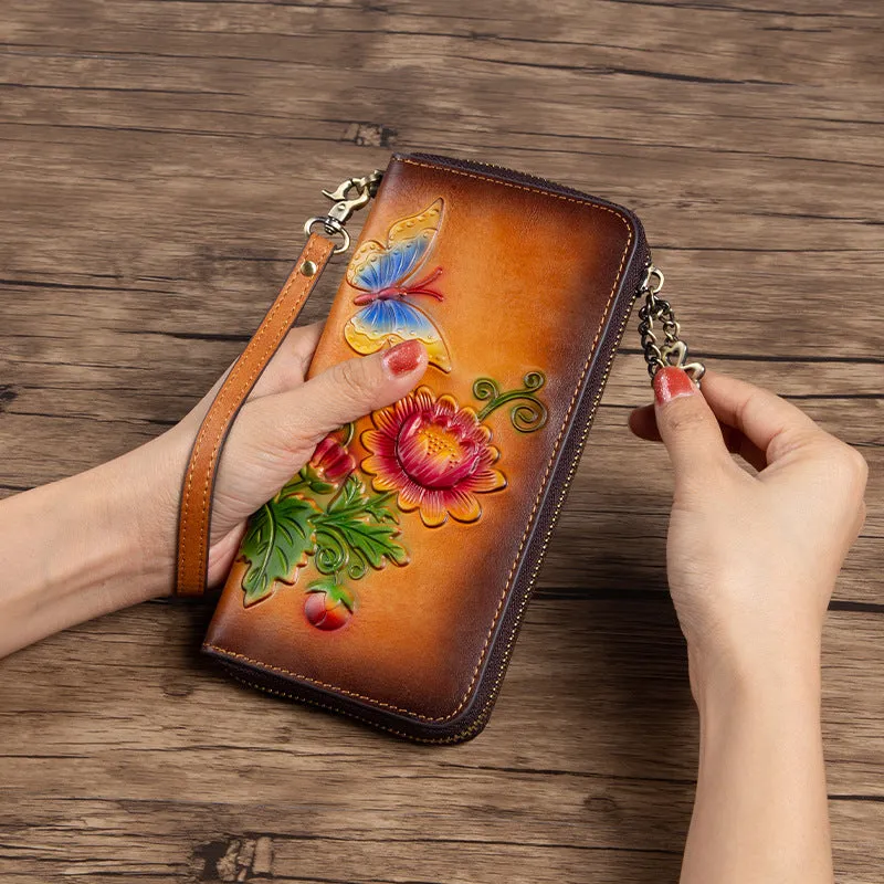 Womens Butterfly&Mums Flower Leather Wristlet Wallets Zip Around Wallet Flower Ladies Zipper Clutch Wallet for Women