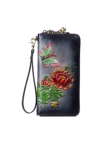 Womens Butterfly&Mums Flower Leather Wristlet Wallets Zip Around Wallet Flower Ladies Zipper Clutch Wallet for Women