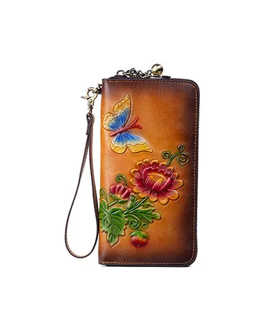 Womens Butterfly&Mums Flower Leather Wristlet Wallets Zip Around Wallet Flower Ladies Zipper Clutch Wallet for Women