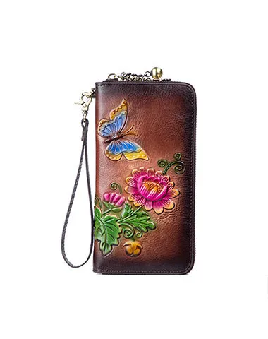 Womens Butterfly&Mums Flower Leather Wristlet Wallets Zip Around Wallet Flower Ladies Zipper Clutch Wallet for Women