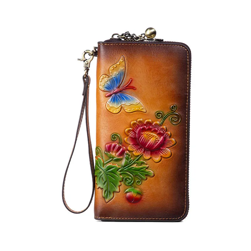 Womens Butterfly&Mums Flower Leather Wristlet Wallets Zip Around Wallet Flower Ladies Zipper Clutch Wallet for Women