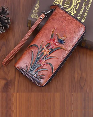 Womens Butterfly&Orchid Flower Brown Leather Wristlet Wallets Zip Around Wallet Flower Ladies Zipper Clutch Wallet for Women