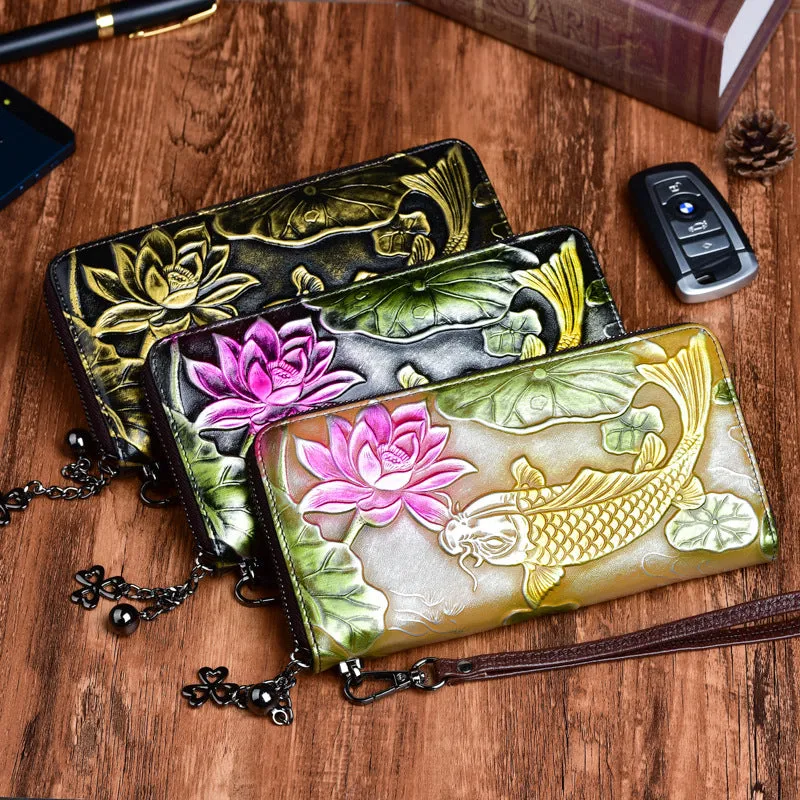 Womens Carp&Lotus Flower Yellow Leather Zip Around Wallet Wristlet Wallet Floral Ladies Zipper Clutch Wallet for Women