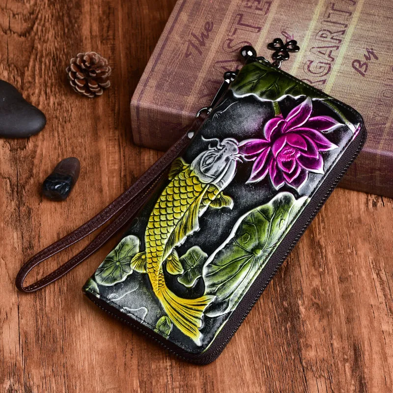 Womens Carp&Lotus Flower Yellow Leather Zip Around Wallet Wristlet Wallet Floral Ladies Zipper Clutch Wallet for Women