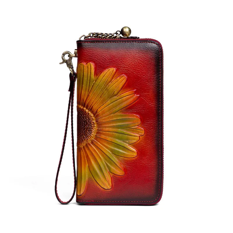 Womens Coffee Leather Zip Around Wallets Sunflower Wristlet Wallets Flower Ladies Zipper Clutch Wallet for Women