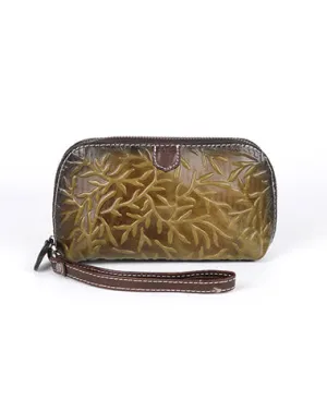 Womens Floral Green Leather Zip Around Wallets Wristlet Wallet Floral Ladies Zipper Clutch Wallet for Women