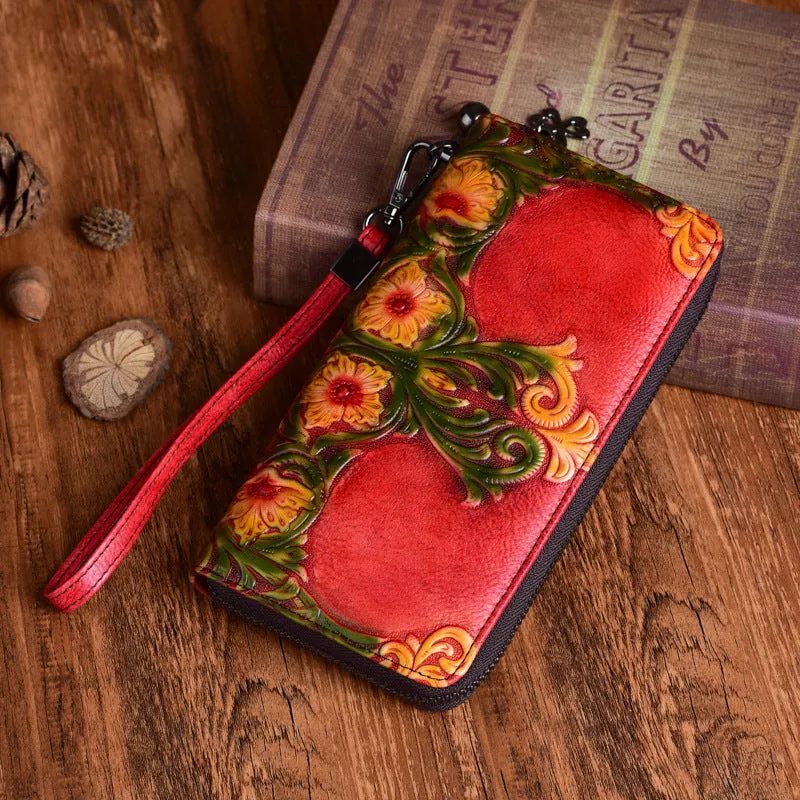 Womens Floral Leather Wristlet Wallets Flowers Zip Around Wallet Floral Ladies Zipper Clutch Wallet for Women