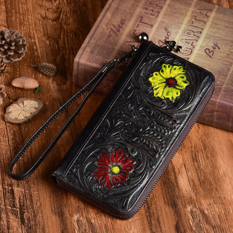 Womens Flower Brown Leather Wristlet Wallets Zip Around Wallet Floral Ladies Zipper Clutch Wallet for Women