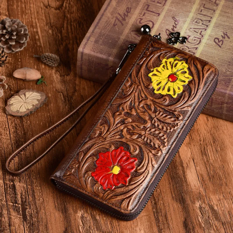 Womens Flower Brown Leather Wristlet Wallets Zip Around Wallet Floral Ladies Zipper Clutch Wallet for Women