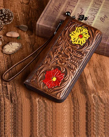 Womens Flower Brown Leather Wristlet Wallets Zip Around Wallet Floral Ladies Zipper Clutch Wallet for Women
