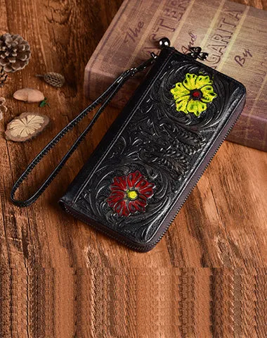 Womens Flower Brown Leather Wristlet Wallets Zip Around Wallet Floral Ladies Zipper Clutch Wallet for Women