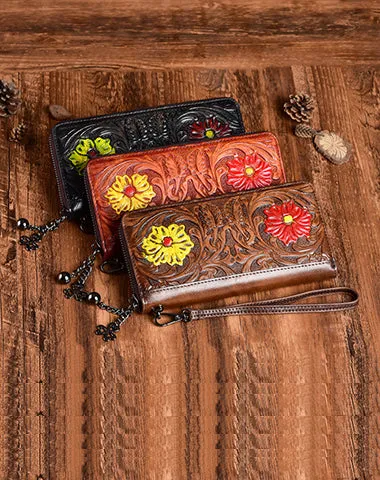 Womens Flower Brown Leather Wristlet Wallets Zip Around Wallet Floral Ladies Zipper Clutch Wallet for Women