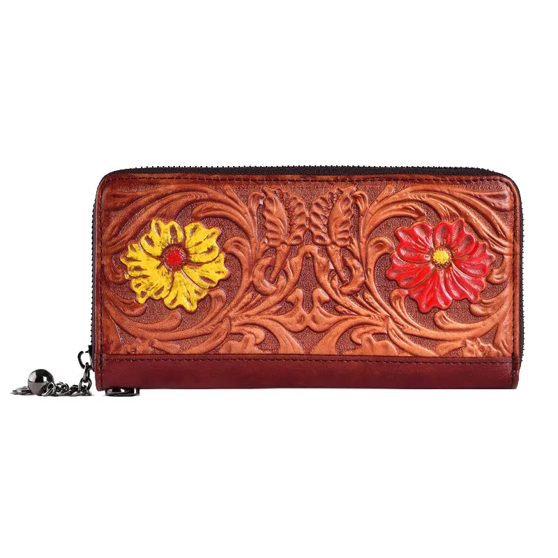 Womens Flower Brown Leather Wristlet Wallets Zip Around Wallet Floral Ladies Zipper Clutch Wallet for Women