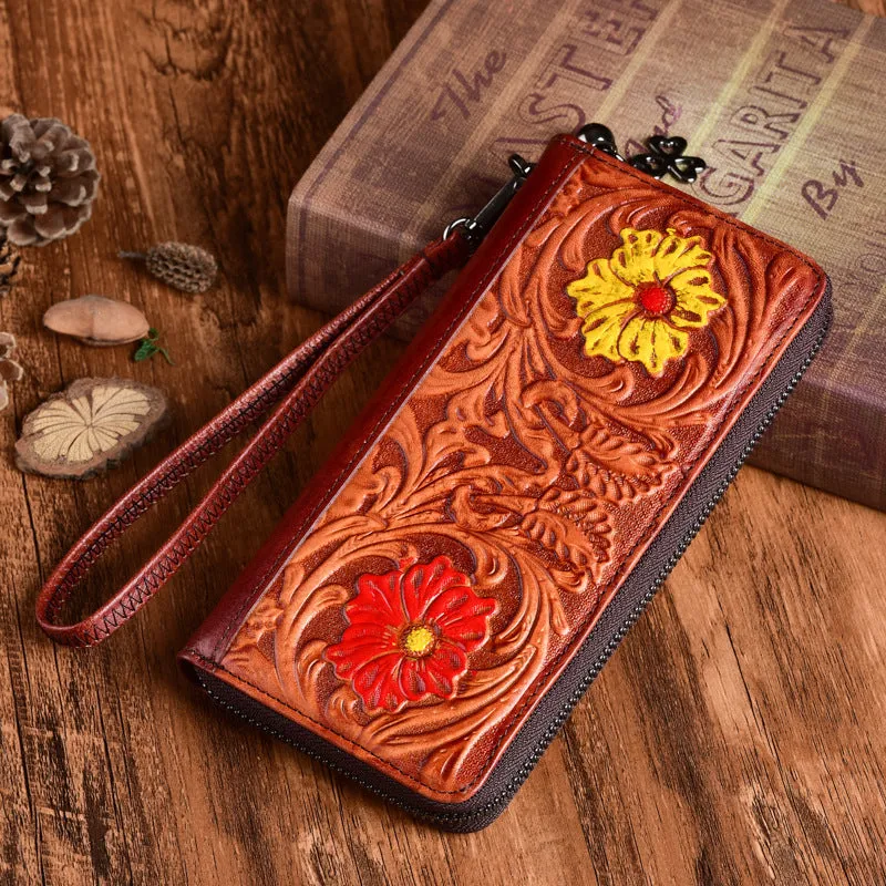 Womens Flower Brown Leather Wristlet Wallets Zip Around Wallet Floral Ladies Zipper Clutch Wallet for Women