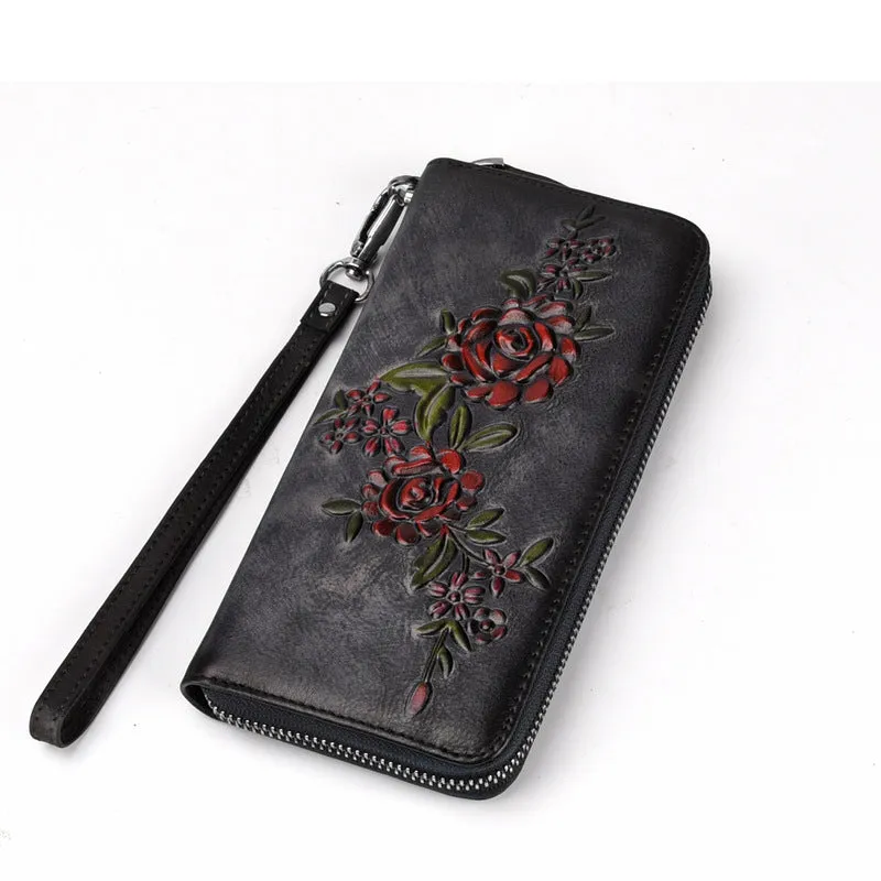 Womens Flowers Brown Leather Zip Around Wallet Wristlet Wallet Floral Ladies Zipper Clutch Wallet for Women