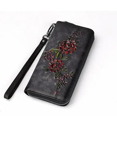 Womens Flowers Brown Leather Zip Around Wallet Wristlet Wallet Floral Ladies Zipper Clutch Wallet for Women