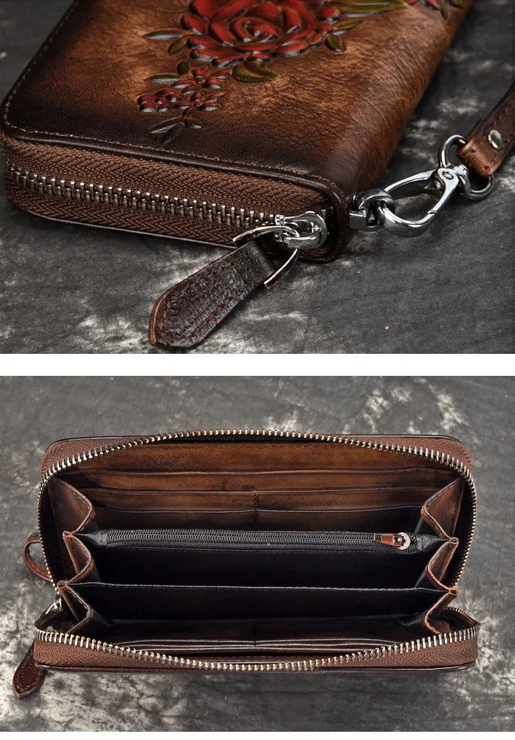 Womens Flowers Brown Leather Zip Around Wallet Wristlet Wallet Floral Ladies Zipper Clutch Wallet for Women