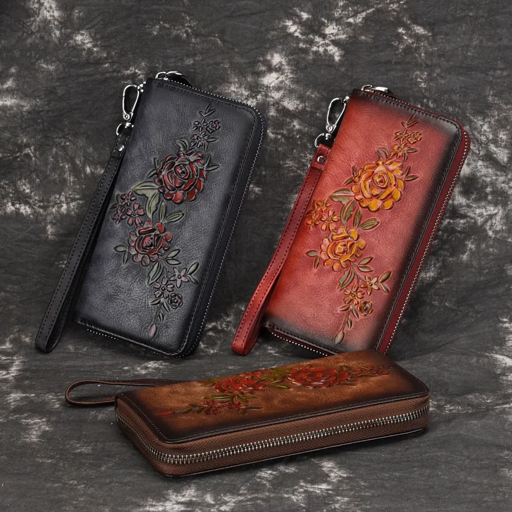 Womens Flowers Brown Leather Zip Around Wallet Wristlet Wallet Floral Ladies Zipper Clutch Wallet for Women