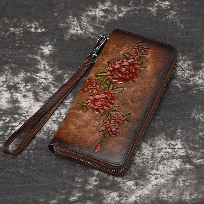 Womens Flowers Brown Leather Zip Around Wallet Wristlet Wallet Floral Ladies Zipper Clutch Wallet for Women