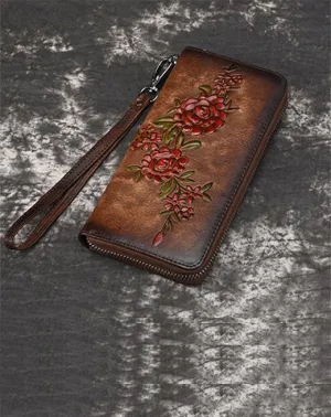 Womens Flowers Brown Leather Zip Around Wallet Wristlet Wallet Floral Ladies Zipper Clutch Wallet for Women