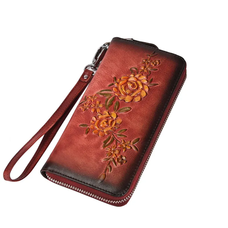 Womens Flowers Brown Leather Zip Around Wallet Wristlet Wallet Floral Ladies Zipper Clutch Wallet for Women