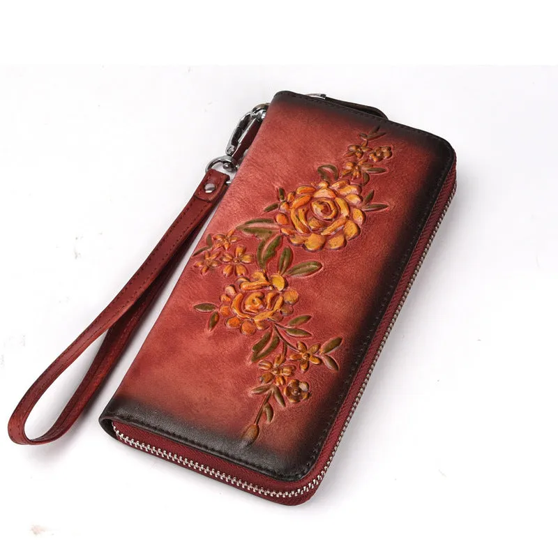 Womens Flowers Brown Leather Zip Around Wallet Wristlet Wallet Floral Ladies Zipper Clutch Wallet for Women