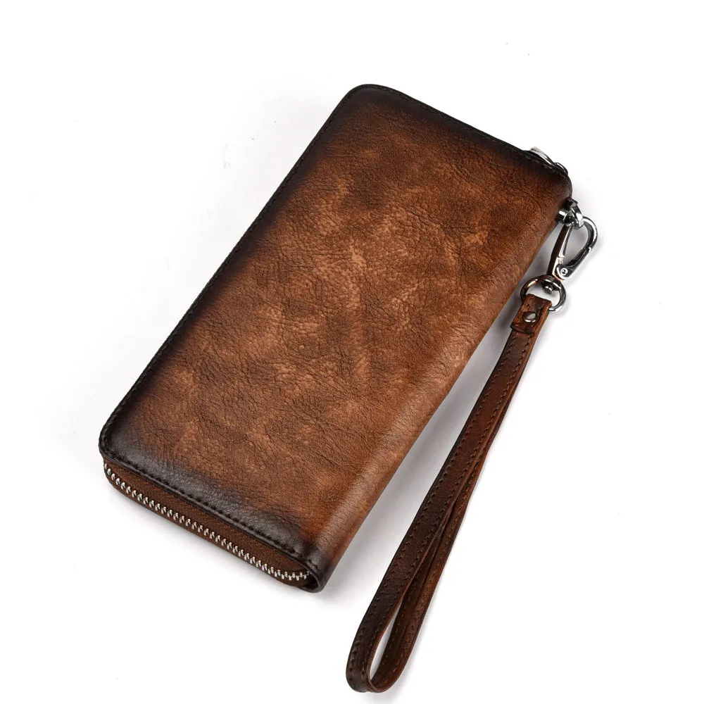 Womens Flowers Brown Leather Zip Around Wallet Wristlet Wallet Floral Ladies Zipper Clutch Wallet for Women