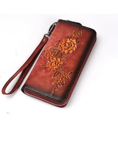 Womens Flowers Brown Leather Zip Around Wallet Wristlet Wallet Floral Ladies Zipper Clutch Wallet for Women