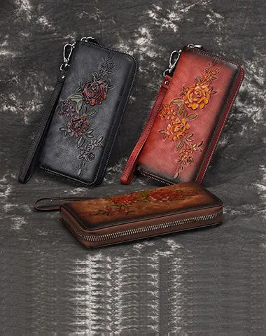 Womens Flowers Brown Leather Zip Around Wallet Wristlet Wallet Floral Ladies Zipper Clutch Wallet for Women