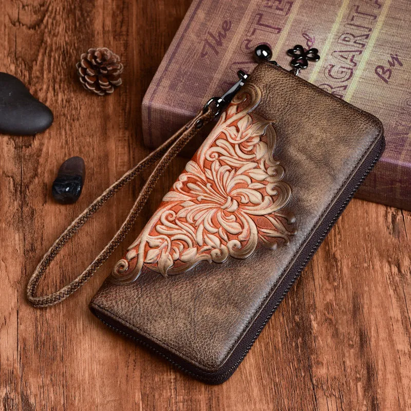 Womens Flowers Red Leather Zip Around Wallet Wristlet Wallet Floral Ladies Zipper Clutch Wallet for Women