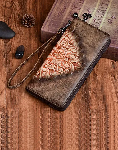 Womens Flowers Red Leather Zip Around Wallet Wristlet Wallet Floral Ladies Zipper Clutch Wallet for Women