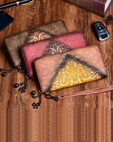 Womens Flowers Red Leather Zip Around Wallet Wristlet Wallet Floral Ladies Zipper Clutch Wallet for Women