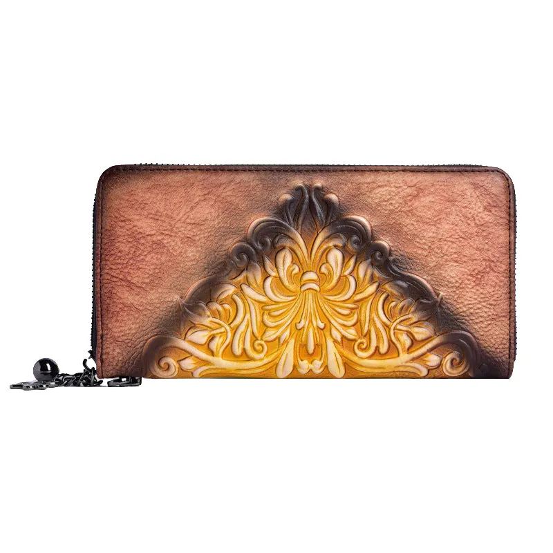 Womens Flowers Red Leather Zip Around Wallet Wristlet Wallet Floral Ladies Zipper Clutch Wallet for Women