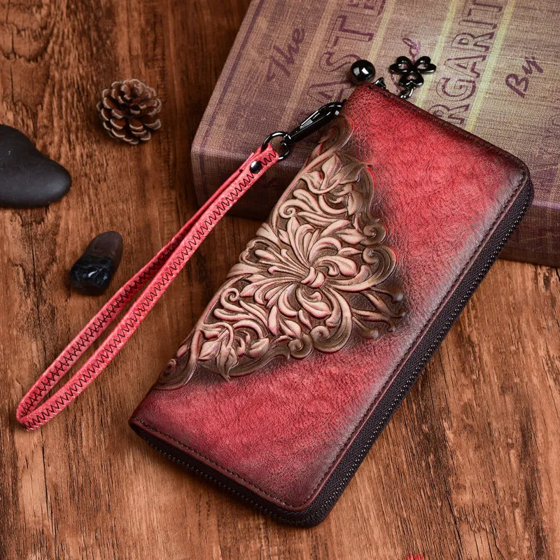 Womens Flowers Red Leather Zip Around Wallet Wristlet Wallet Floral Ladies Zipper Clutch Wallet for Women