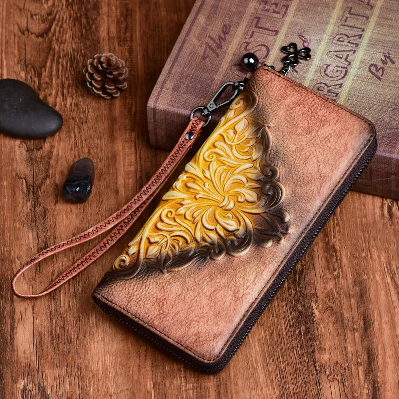 Womens Flowers Red Leather Zip Around Wallet Wristlet Wallet Floral Ladies Zipper Clutch Wallet for Women