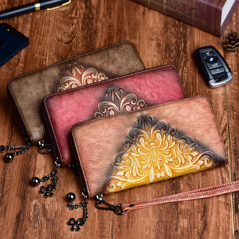 Womens Flowers Red Leather Zip Around Wallet Wristlet Wallet Floral Ladies Zipper Clutch Wallet for Women
