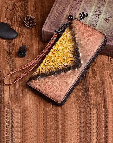 Womens Flowers Red Leather Zip Around Wallet Wristlet Wallet Floral Ladies Zipper Clutch Wallet for Women