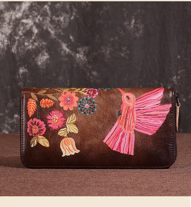 Womens Hummingbird Red Leather Zipper Clutch Wallet Wristlet Wallet Floral Ladies Zip Around Wallet for Women