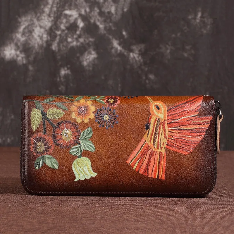 Womens Hummingbird Red Leather Zipper Clutch Wallet Wristlet Wallet Floral Ladies Zip Around Wallet for Women