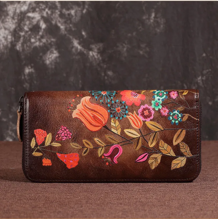 Womens Hummingbird Red Leather Zipper Clutch Wallet Wristlet Wallet Floral Ladies Zip Around Wallet for Women