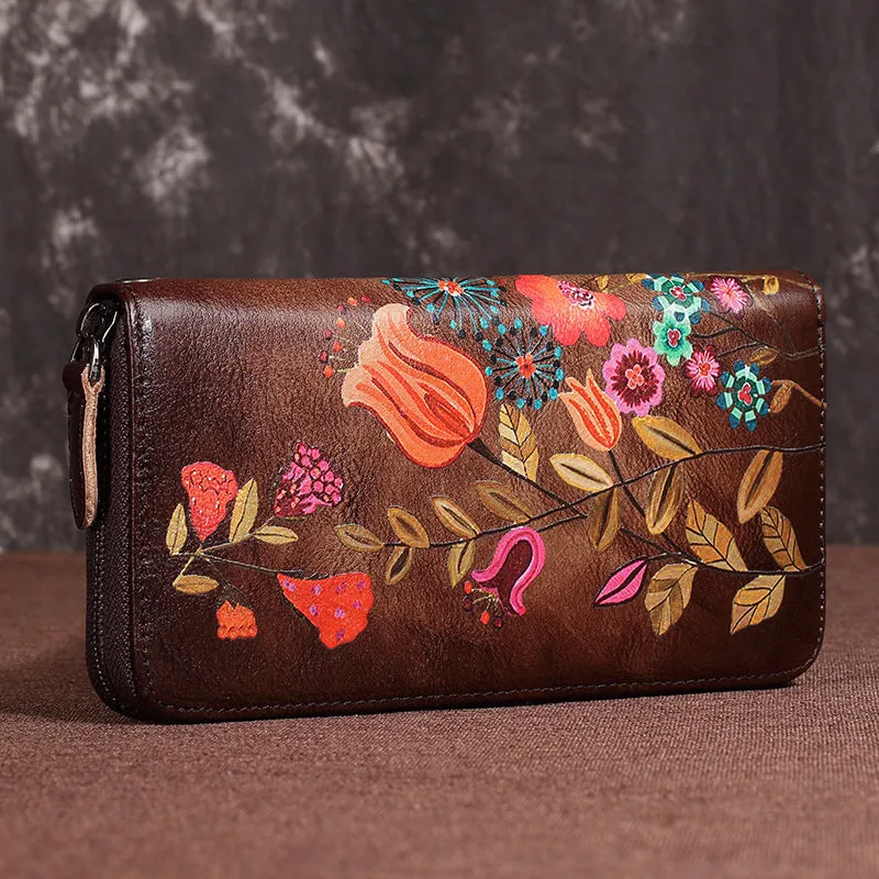 Womens Hummingbird Red Leather Zipper Clutch Wallet Wristlet Wallet Floral Ladies Zip Around Wallet for Women
