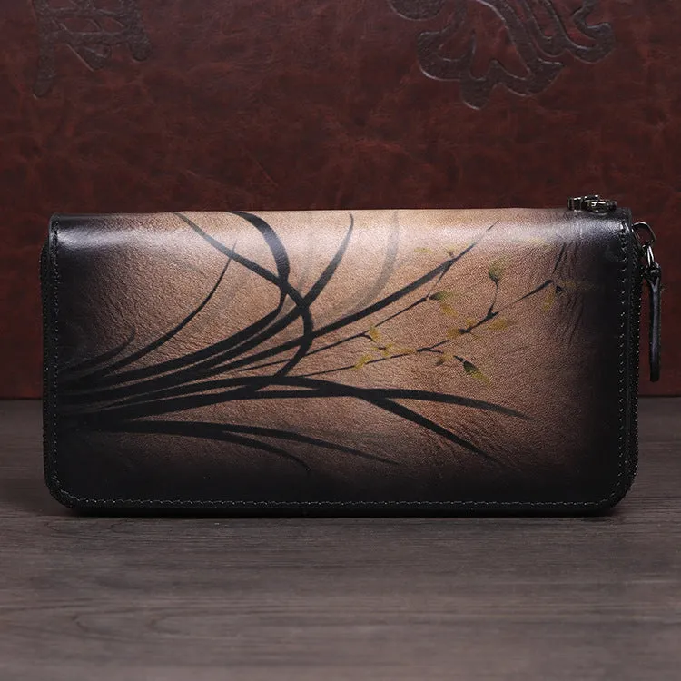 Womens Leather Zip Around Wallet Wash Painting Flowers Wristlet Wallet Ladies Zipper Clutch Wallet for Women