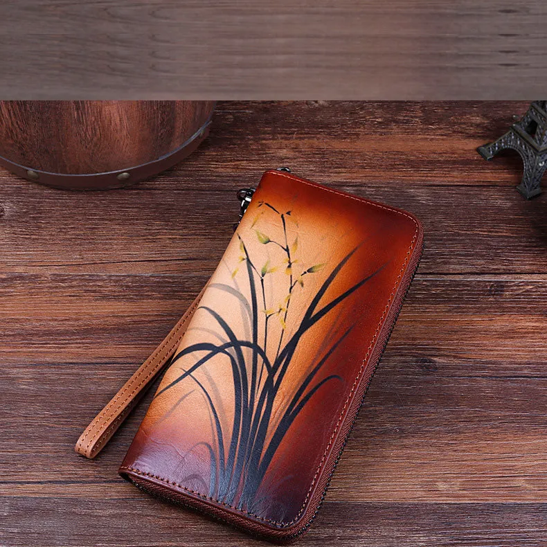 Womens Leather Zip Around Wallet Wash Painting Flowers Wristlet Wallet Ladies Zipper Clutch Wallet for Women