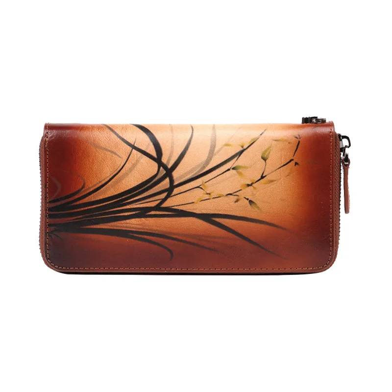Womens Leather Zip Around Wallet Wash Painting Flowers Wristlet Wallet Ladies Zipper Clutch Wallet for Women