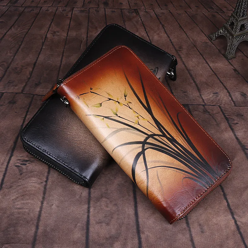 Womens Leather Zip Around Wallet Wash Painting Flowers Wristlet Wallet Ladies Zipper Clutch Wallet for Women