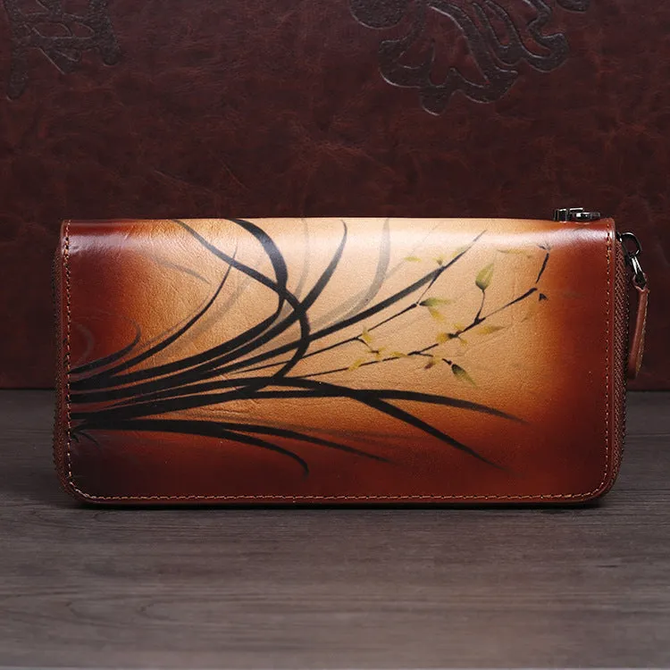 Womens Leather Zip Around Wallet Wash Painting Flowers Wristlet Wallet Ladies Zipper Clutch Wallet for Women